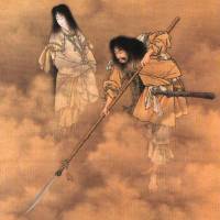 \"Searching the Seas with the Tenkei,\" a painting from 1880-90 by Kobayashi Eitaku, shows the mythical begetters of Japan, Izanagi (\"He who Invites,\" right) and Izanami (\"She who Invites\"). | AP
