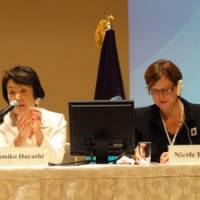Promoting diversity: Yokohama Mayor Fumiko Hayashi speaks during a panel discussion of the 15th APEC Women Leaders Networking meeting in Tokyo on Monday. | KAZUAKI NAGATA PHOTO