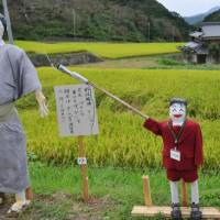 Scarecrow art: A skeleton (above) and a sumo wrestler are among some 100 scarecrows depicting social issues on display during a festival in Hasami, Nagasaki Prefecture. | KYODO PHOTO