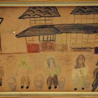 Wartime memento: A framed drawing by Chie Takekawa of an air raid drill during the war was shown at a news conference at the Foreign Correspondents\' Club of Japan in Tokyo on Friday. | AP PHOTO