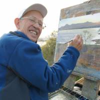 Never gets old: Brian Williams paints Lake Biwa in Shiga Prefecture on April 9. | KYODO