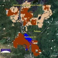 Sky-high imaging: Satellite imagery shows the extent of tar sands mining in Alberta, Canada, as of 1999, relative to the area of Washington, D.C. | COURTESY OF SKYTRUTH