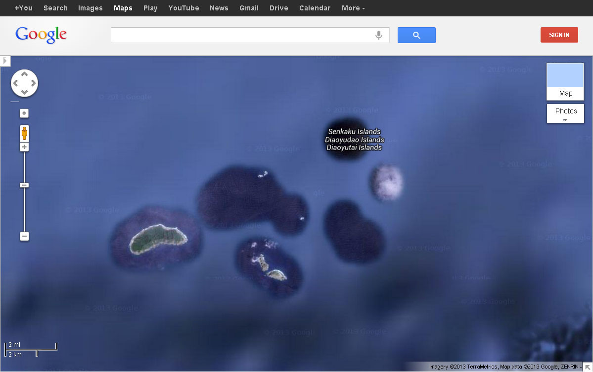 Fair play: A Google Maps screen shot shows the Japan-held Senkaku Islands, claimed by China as Diaoyu and by Taiwan as Tiaoyutai, with the three different names used to refer to the disputed chain. | TERRAMETRICS, GOOGLE, ZENRIN