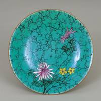 Porcelain dish; part of a series using overglaze polychrome enamels (jikkin-de) | NOZAKI\'S HISTORICAL MUSEUM