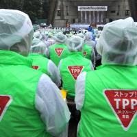 Last stand: Members of the JA group (Central Union of Agricultural Cooperatives) wear \"Stop TPP\" logos as they attend a rally against Japan joining the Trans-Pacific Partnership in Tokyo on Wednesday. | AFP-JIJI