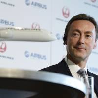 Done deal: Fabrice Bregier, chief executive officer of Airbus SAS, speaks during a joint news conference with Japan Airlines Co. President Yoshiharu Ueki in Tokyo on Monday. Airbus boss swooped in at right time for JAL