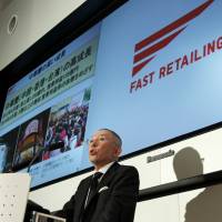 On the up and up: Fast Retailing Co. chief Tadashi Yanai annouces the firm, which operates the Uniqlo casual clothing chain, posted record net sales of ¥1.143 trillion in the last business year on rapid growth in Asia, at a Thursday news conference in Tokyo. Uniqlo sets sales record exceeding ¥1 trillion