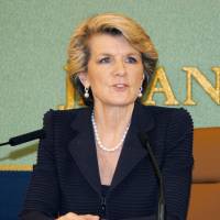 New kid on the block: Australian Foreign Minister Julie Bishop holds news conference in Tokyo on Tuesday. | KYODO