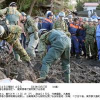 Surveying the damage: Prime Minister Shinzo Abe (right) inspects typhoon-wrecked areas on Tokyo\'s Izu-Oshima Island on Sunday | KYODO
