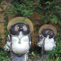 Gone to pot: Two of the ceramic Tanuki with straw hats and prodigious testicles that await at the lodge in Dogenso, Gunma Prefecture, where I stopped over. | MARK BRAZIL PHOTO