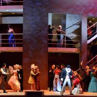 Social round: A scene from the rotating set of \"Rigoletto\" at the NNTT. | &#169; CHIKASHI SAEGUSA