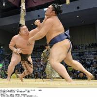 All in a day\'s work: Yokozuna Hakuho (left) defeats maegashira Tochinowaka for career victory No. 702 on Tuesday at the Kyushu Grand Sumo Tournament in Fukuoka. | KYODO