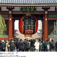 Landmark returns: A crowd gathers Monday to view the newly replaced red lantern at Kaminarimon (Thunder Gate), one of the gateways to popular Sensoji Temple in Tokyo\'s Asakusa district. | KYODO