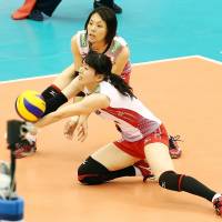In position: Japan\'s Risa Shinnabe digs the ball on Tuesday night against Russia in the teams\' FIVB Women\'s Grand Champions Cup match in Nagoya. Japan defeated Russia in four sets | FIVB