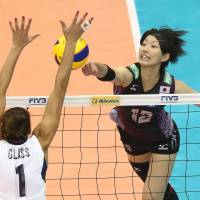 Banner effort: Yuki Ishii (12) was Japan\'s top scorer with 12 points against the United States in the FIVB Women\'s Grand Champions Cup match on Wednesday in Nagoya. The U.S. defeated Japan 25-19, 25-19, 19-25, 25-21 | FIVB