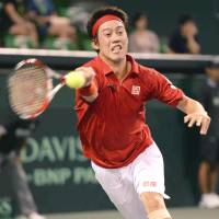 Kei Nishikori  plays a shot during Japan’s Davis Cup World Group playoff against Colombia at Ariake Colosseum in September.  | KYODO