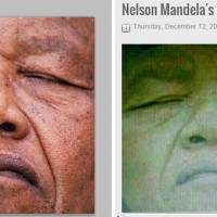 Dishonoring his memory: A shot of Nelson Mandela taken by AFP photographer Trevor Samson on July 2, 1991, in Durban during an ANC congress (left) was posted anonymously on social networks as purportedly taken after Mandela\'s death Dec. 5 in Johannesburg. | AFP-JIJI