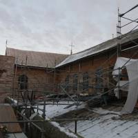 Up on the rooftop: Scaffolding is seen around the Church of the Nativity on Wednesday. The current task of patching up the ancient landmark is part of a multiyear program. | AFP-JIJI