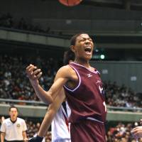 Primal scream: Meisei High School\'s Louis Hachimura celebrates a basket during his team\'s 92-78 win over Fukuoka University Ohori in the boys\' final of the All-Japan High School Tournament on Sunday. | KAZ NAGATSUKA