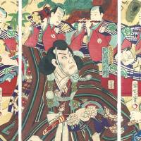 Busy: An 1873 “Kanjincho” triptych by Kunichika, with (l-r) Yoshitsune, Benkei and Togashi. Hop, step and thump