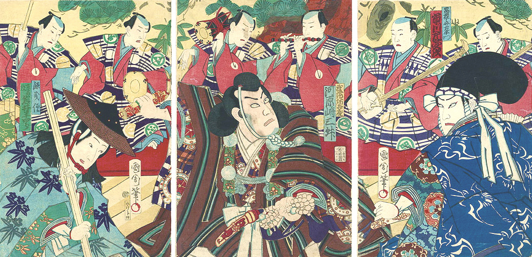 Busy: An 1873 'Kanjincho' triptych by Kunichika, with (l-r) Yoshitsune, Benkei and Togashi. | STUART VARNAM-ATKIN