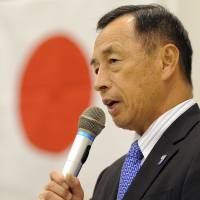 Campaigner: Toshio Tamogami, former Air Self-Defense Force chief of staff, delivers a speech Tuesday in Tokyo announcing he will run for governor. | AFP-JIJI