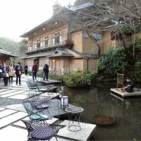 Hoshinoya Kyoto, a traditional \"ryokan\" inn located in the Arashiyama tourism area in Kyoto damaged by Typhoon Man-yi in September, is previewed for the media Friday ahead of its reopening Saturday. The inn is the last in the area to recover from the storm damage. | KYODO