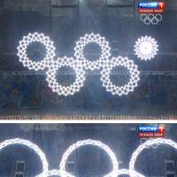 In a combo of frame grabs taken from Russian television, five snowflakes float together in Fisht Stadium during the opening ceremony of the 2014 Winter Olympics. During the live ceremony, the fifth ring failed to fully open to create the Olympics rings; on Russian television, producers inserted footage from a dress rehearsal when all five rings joined together and erupted in pyrotechnics. | AP