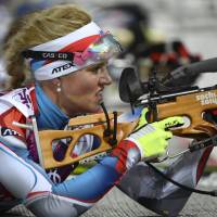 Czech Republic\'s Gabriela Soukalova competes in the Women\'s 12.5 km mass start biathlon event at the 2014 Winter Olympics on Monday. | AFP-JIJI