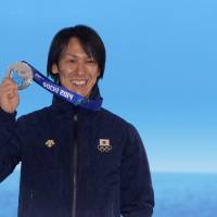  Japan\'s Noriaki Kasai displays his silver medal during the award ceremony for the men\'s Individual ski jumping large hill event at the Sochi Winter Olympics on Sunday. | AFP-JIJI
