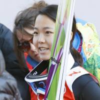 Sara Takanashi speaks to the media following her first official training session at the RusSki Gorki Jumping Centre on Saturday. | KYODO