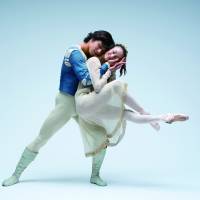Transport of delight: Juliet (Kanako Oki) is swept up by Romeo (Dan Tsukamoto) in The Tokyo Ballet\'s \"Romeo and Juliet\" by John Neumeier. | SHINJI HOSONO PHOTO