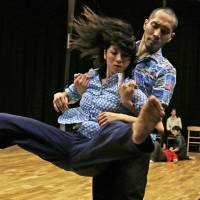 In the swing: Members of the cast of \"The Surprised Body Project Kyoto\" rehearse at the Vitlycke Center for Performing Arts in Tanumshede, Sweden, prior to the show\'s opening night in Kyoto on Feb. 7. | PHOTO COURTESY OF VITLYCKE CENTER FOR PERFORMING ARTS