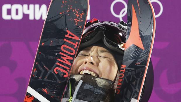 Japan’s Ayana Onozuka reacts after her second run in the women’s ski halfpipe final on Thursday at the Sochi Olympics. Onozuka captured the bronze medal in the event. Onozuka captures bronze in ski halfpipe