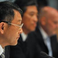 On the chopping block: Toyota Motor Corp. President Akio Toyoda addresses a news conference at the Altona Toyota manufacturing plant in Melbourne on Monday.  | AFP-JIJI