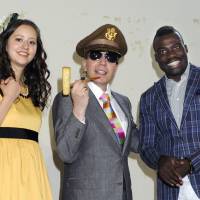 Talent time: Haruka Christine meets up with fellow TV personalities Dave Spector and Bobby Ologun. | YOSHIAKI MIURA