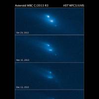 Hubble Space Telescope images published Thursday reveal the breakup of asteroid P/2013 R3 over several months. | AFP-JIJI