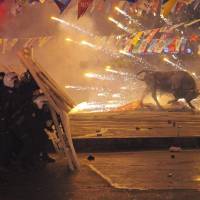 Riot police shield themselves as fireworks thrown by protesters explode next to the statue of a bull during an anti-government protest in Istanbul on Tuesday. | REUTERS