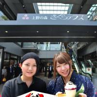Employees Chihirro Harashima (left) and Arisa Yokozuka pitch panda-themed sweets from their shops during a media preview Thursday of the new Ueno no Mori Sakura Terrace, an eatery complex in Tokyo\'s Ueno district, before its official opening Saturday. | YOSHIAKI MIURA