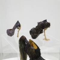 \"Bird-Witched\" shoes designed by Masaya Kushino using custom-made Nishijin brocade from HOSOO | \"FUTURE BEAUTY: THE TRADITION OF REINVENTION IN JAPANESE FASHION,\" ©KYOTO COSTUME INSTITUTE, PHOTO BY OSAMU WATANABE
