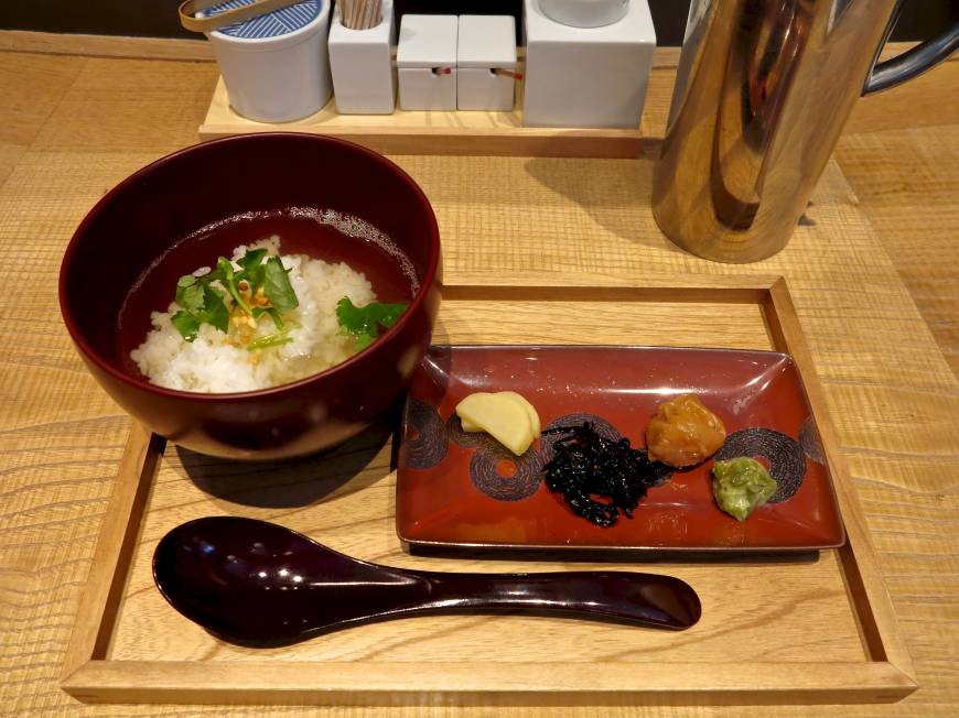 Nihonbashi Dashi Bar Hanare Ochazuke: Rice drenched with a dashi broth made from fragrant katsuobushi (dried bonito), served at Nihonbashi Dashi Bar Hanare. | ROBBIE SWINNERTON
