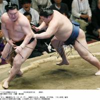 Get out of here: Goeido pushes yokozuna Hakuho out of the ring on Wednesday. | KYODO