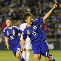 That pleases me: Japan\'s Yuika Sugasawa celebrates her 86th-minute goal against New Zealand on Thursday night in Osaka. Japan earned a 2-1 victory in the international friendly. | KYODO