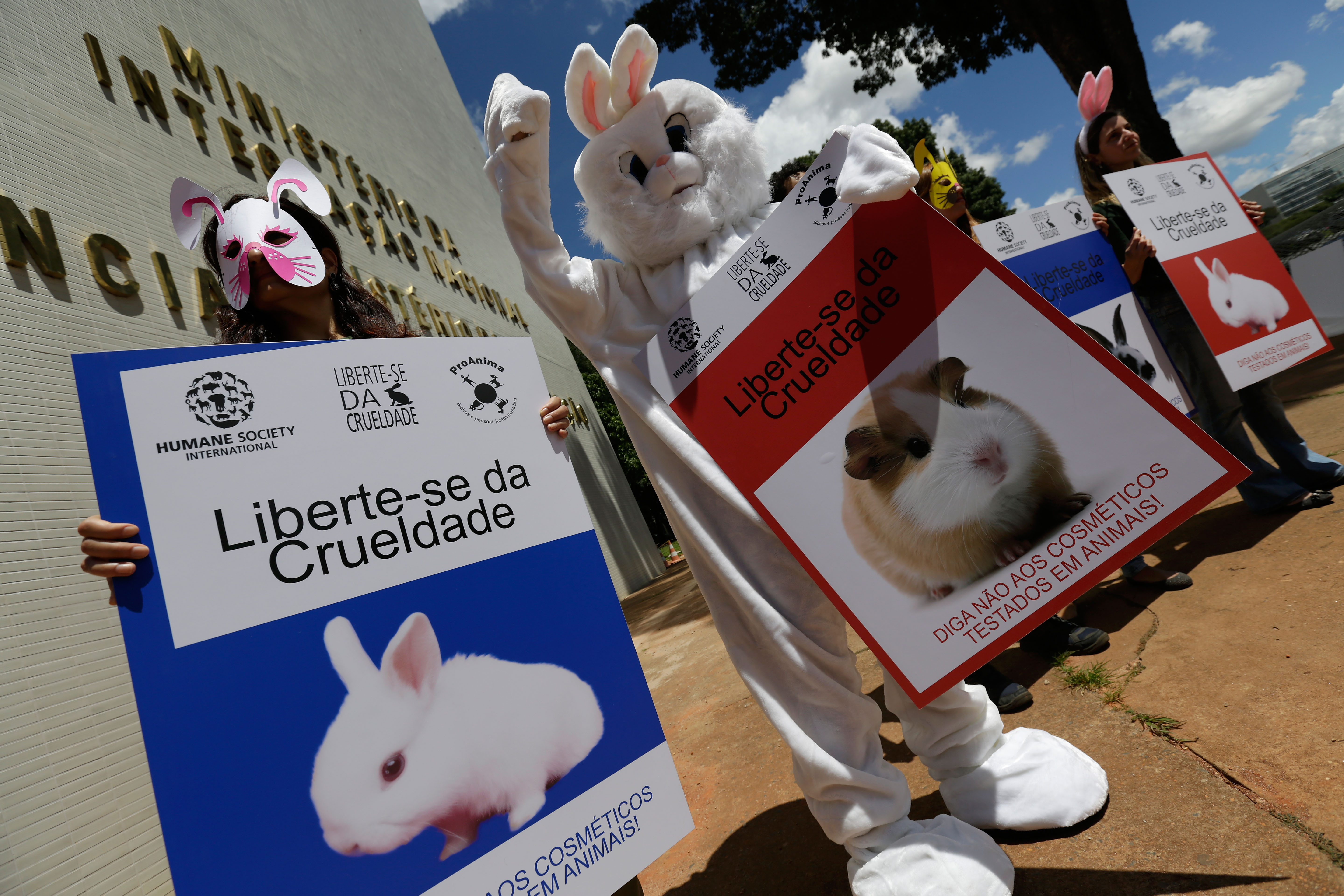Testing time: Activist protest outside the headquarters of Brazil's Ministry of Science in March. The posters read in Portuguese 'Free yourself of Cruelty.' Animal activists handed tens of thousands of signatures to the Minister of Science calling for a ban on animal testing for cosmetics; the state of Sao Paulo already has such a ban but Japan has yet to take such a step. | AP