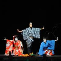 Special blend: The kabuki actors (left to right) Shichinosuke Nakamura, Kankuro Nakamura and Matsuya Onoe, who all combine in the current Cocoon Kabuki production of “Sannin Kichisa.” Cocoon Kabuki enters a new era