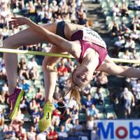 Up an over: Croatia’s Ana Simic clears the bar in the high jump at the Bislett Games in Oslo on Wednesday. Simic finished third with a mark of 1.95 meters. Felix cruises to victory in 200m at Bislett Games in 22.73