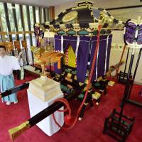 A newly built \"gohoren,\" a phoenix float that will be used during Ikukunitama Shrine\'s traditional Shinto ritual for the first time in 70 years, is displayed Tuesday in Tennoji Ward, Osaka. | KYODO