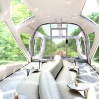 An artist’s rendering shows how the interior of the lead car will look on a luxury train JR East hopes to introduce in 2017. The driver will presumably be seated in a sunken control compartment at the front of the car. | JR EAST