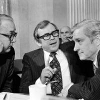 Three members of the Senate Foreign Relations Committee — Sen. Jesse Helms (left), Sen. Howard Baker (center) and Sen. Charles Percy — discuss the vote in favor of the SALT II treaty on Capitol Hill in Washington on Nov. 9, 1979. Howard Baker, key Watergate figure and Japan ambassador, dies at 88