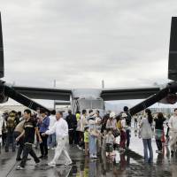 An MV-22 Osprey transport aircraft is displayed during the Friendship Day event at the U.S. Iwakuni base in Yamaguchi Prefecture on May 5. | KYODO